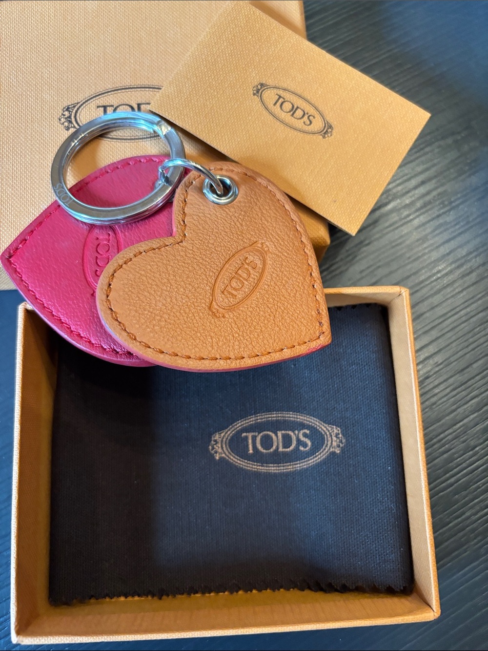 TOD'S Heart-Shaped Leather Keyring in Pink and Tan